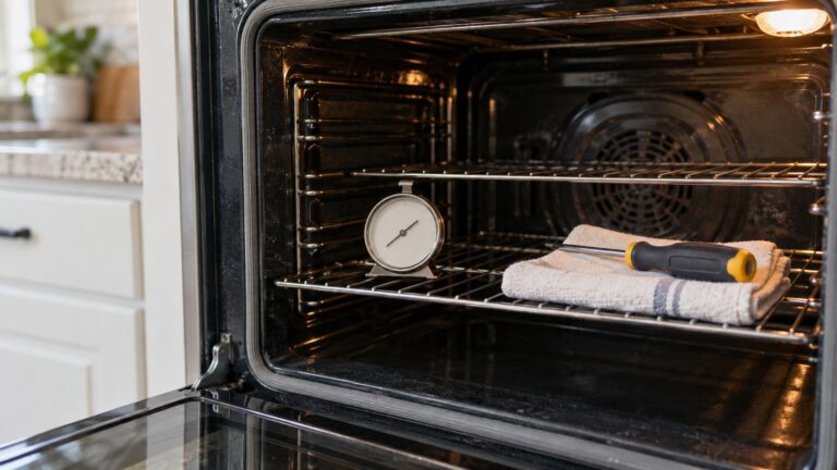 Close-up of the open cavity of a built-in oven with the racks and door seal with a thermometer resting on a shelf, framed tightly on the detail, with a screwdriver resting on a towel.