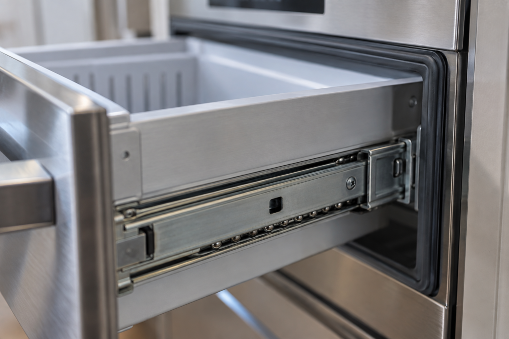 A close view of an open refrigeration drawer, showing its ball-bearing slide rail and the magnetic gasket running around the perimeter to meet the cabinet.