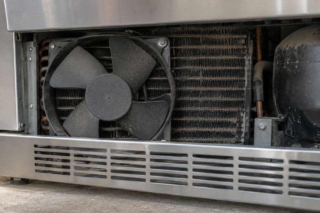 A tight view of the condenser assembly behind the lower grille of a stainless outdoor refrigerator, with fan blades, dust-coated fins and the compressor shroud edge.