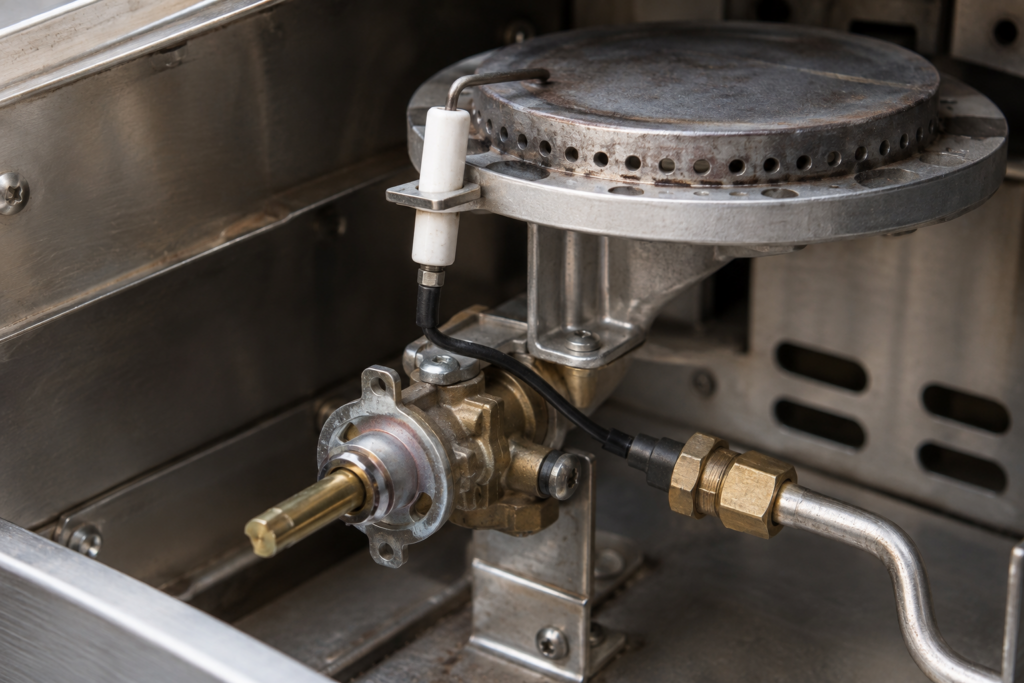 Close-up of a grill side burner valve and igniter electrode on an outdoor kitchen cart