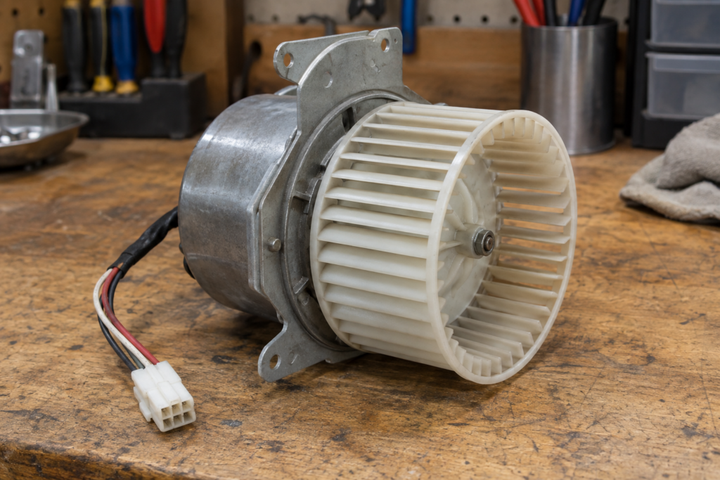 Range hood exhaust fan motor removed from its housing for inspection