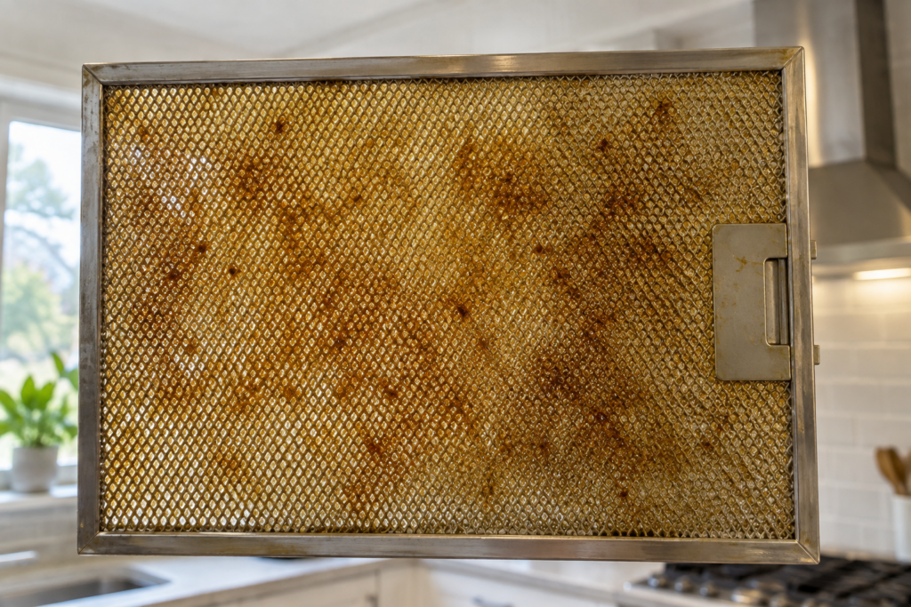 Range hood mesh grease filter coated in built-up grease residue
