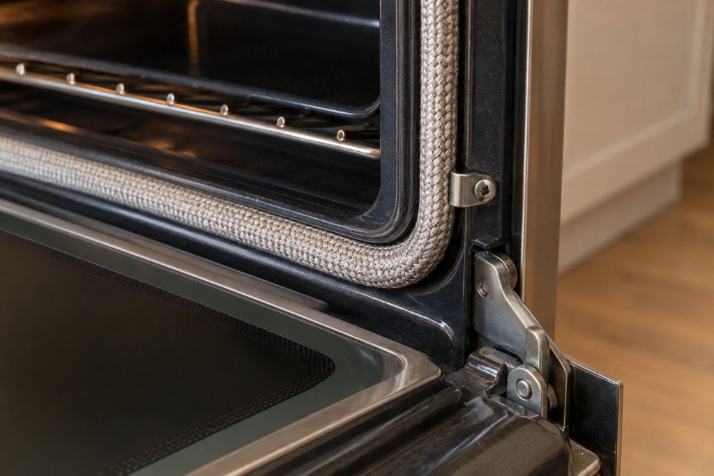 A close view of the corner of a built-in wall oven door, showing the braided gasket in its channel, its hook point, the inner glass edge and the top of the hinge.