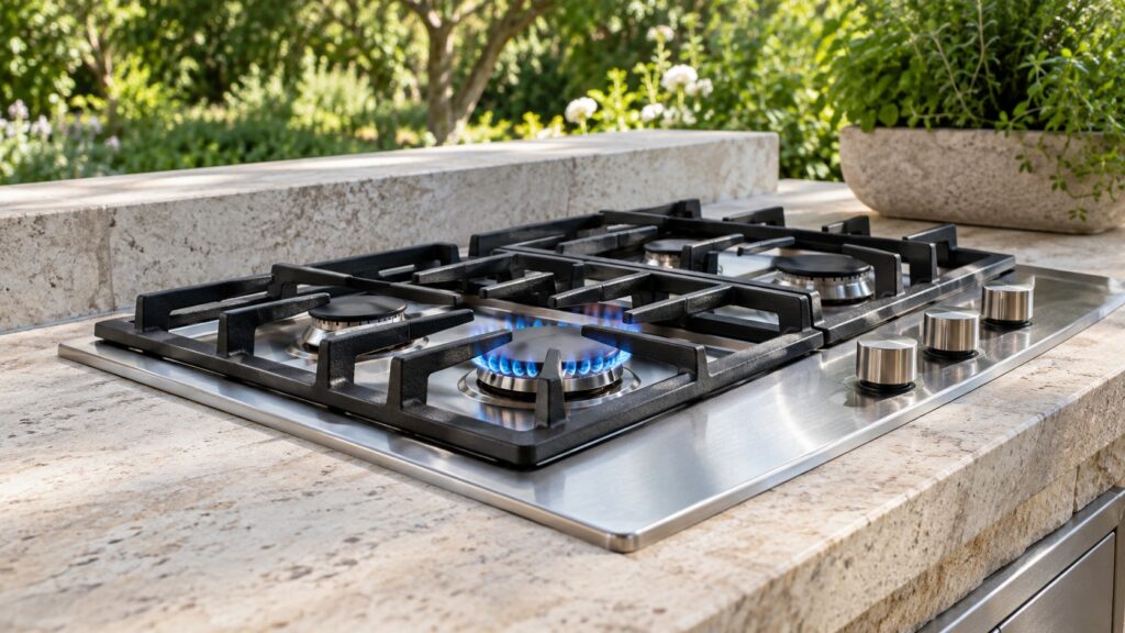 A stainless steel gas cooktop set into a stone outdoor kitchen counter, heavy cast iron grates and one burner lit with a blue flame.