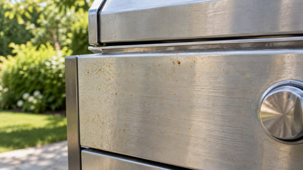 A close view of a stainless steel outdoor appliance panel shows fine orange speckled staining across the brushed surface.