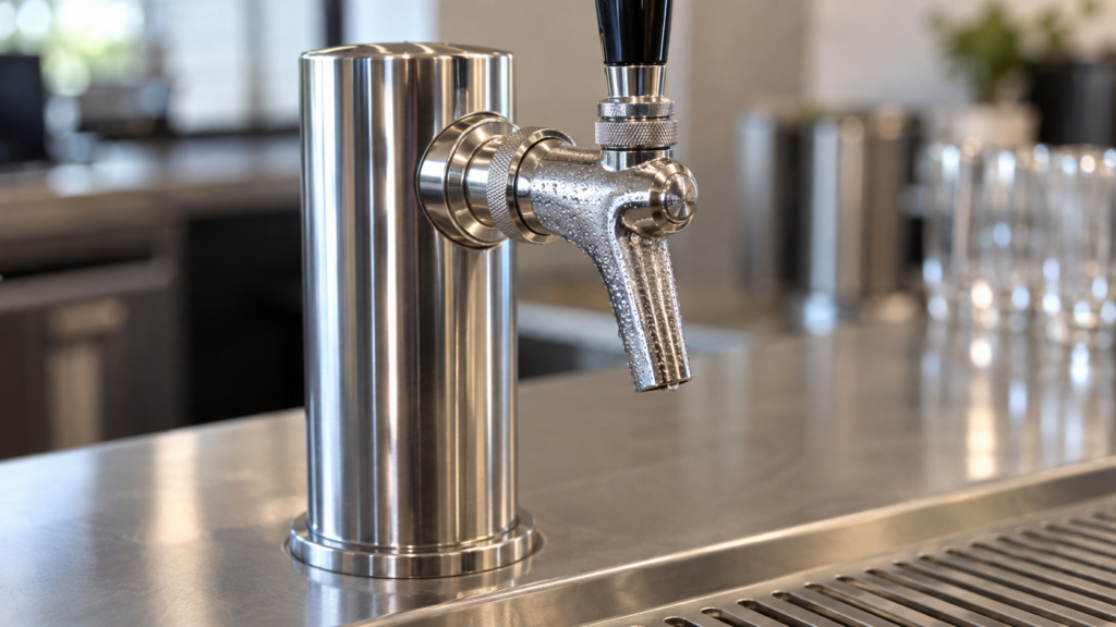 A close view of a stainless beer tap and its insulated draft tower on a stainless countertop, with condensation beading on the spout.