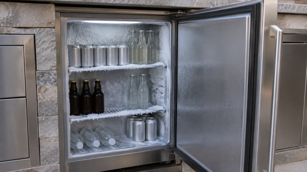 An open outdoor beverage storage cabinet with a layer of frost visible along the interior back wall and shelves.