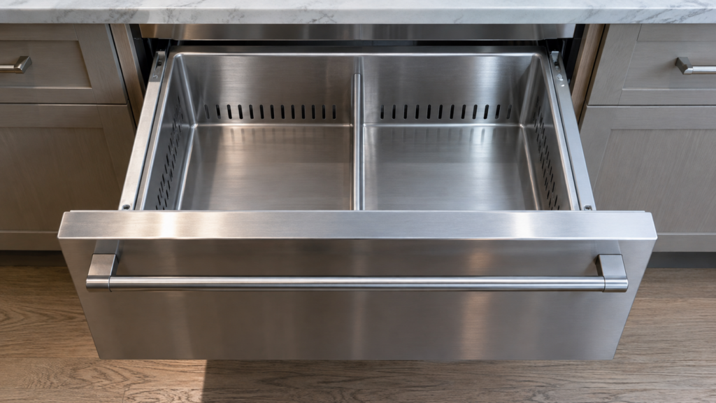 A refrigeration drawer pulled fully open in its cabinetry surround, its empty stainless liner and divider seen from above.