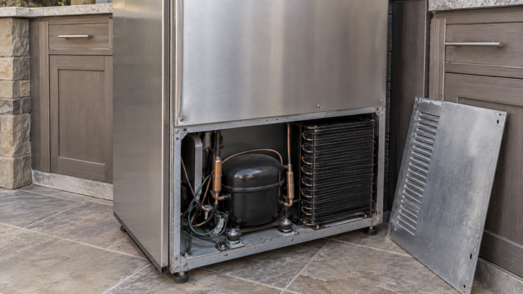 A stainless outdoor refrigerator with its rear access panel removed, the compressor and condenser coil visible behind it.