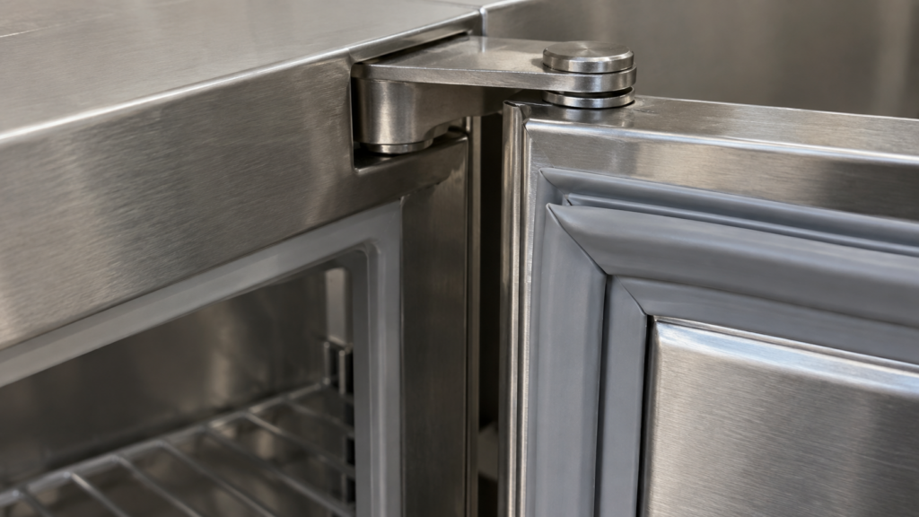 A close view of the door hinge and the corner of the magnetic gasket on a stainless outdoor refrigerator, with the door held slightly open.