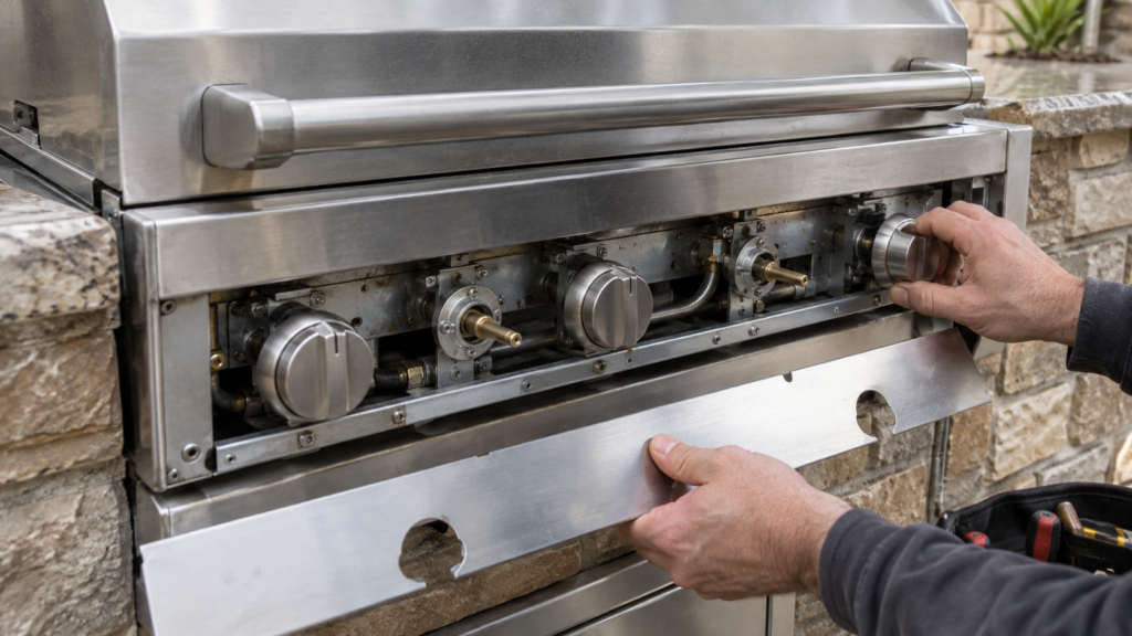 A close view of the control panel edge of a stainless gas grill head set into a masonry surround, with the knobs and valve stems visible behind the removed trim.