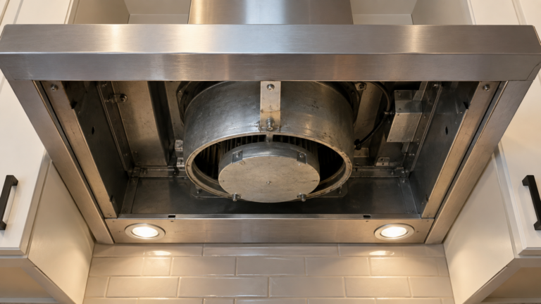 The underside of a stainless range hood with its grease filter removed, the fan housing and motor shroud visible inside.