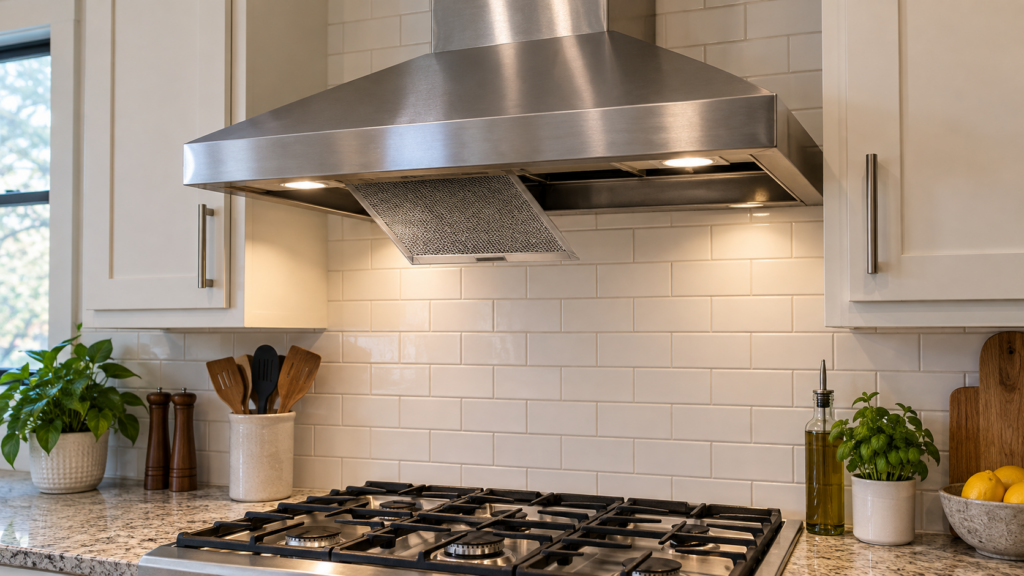 A stainless range hood mounted above a cooktop with its mesh grease filter partly slid out from the housing.