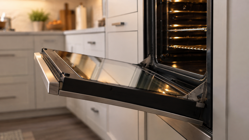 A built-in wall oven door standing half open with its hinge arms extended and the inner glass panel catching warm kitchen light.