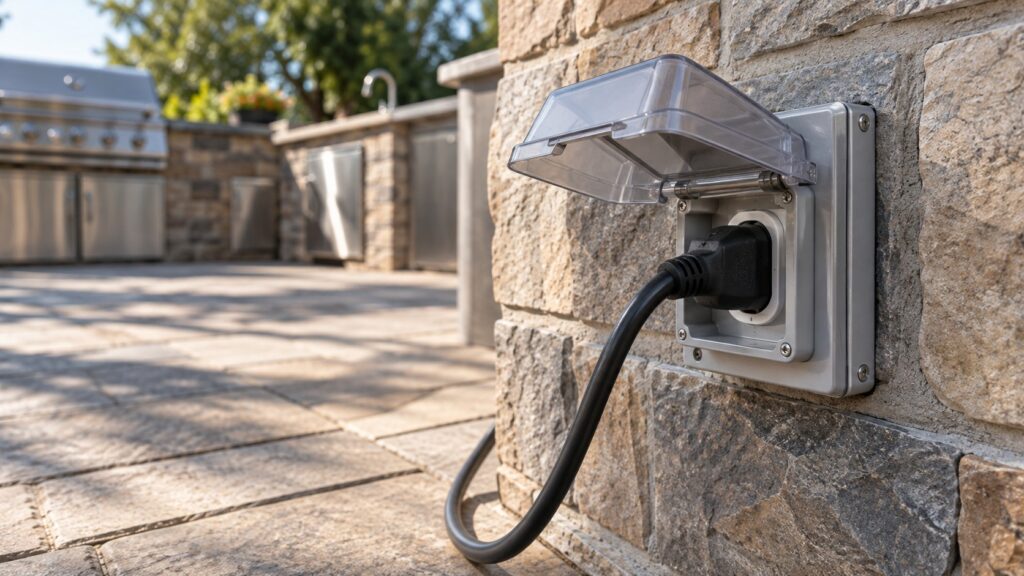 A weatherproof outdoor electrical outlet with a hinged in-use cover is mounted on the stone side of an outdoor kitchen island, a cord running from it along the paving.