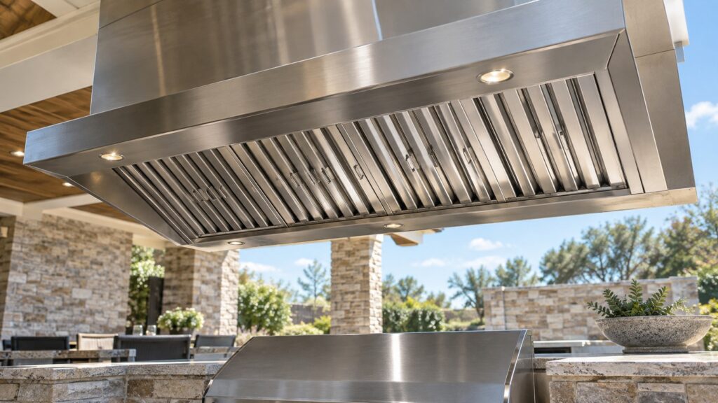 A wide stainless steel range hood above an outdoor stone kitchen island, seen from below with its stainless baffle filters clearly visible.