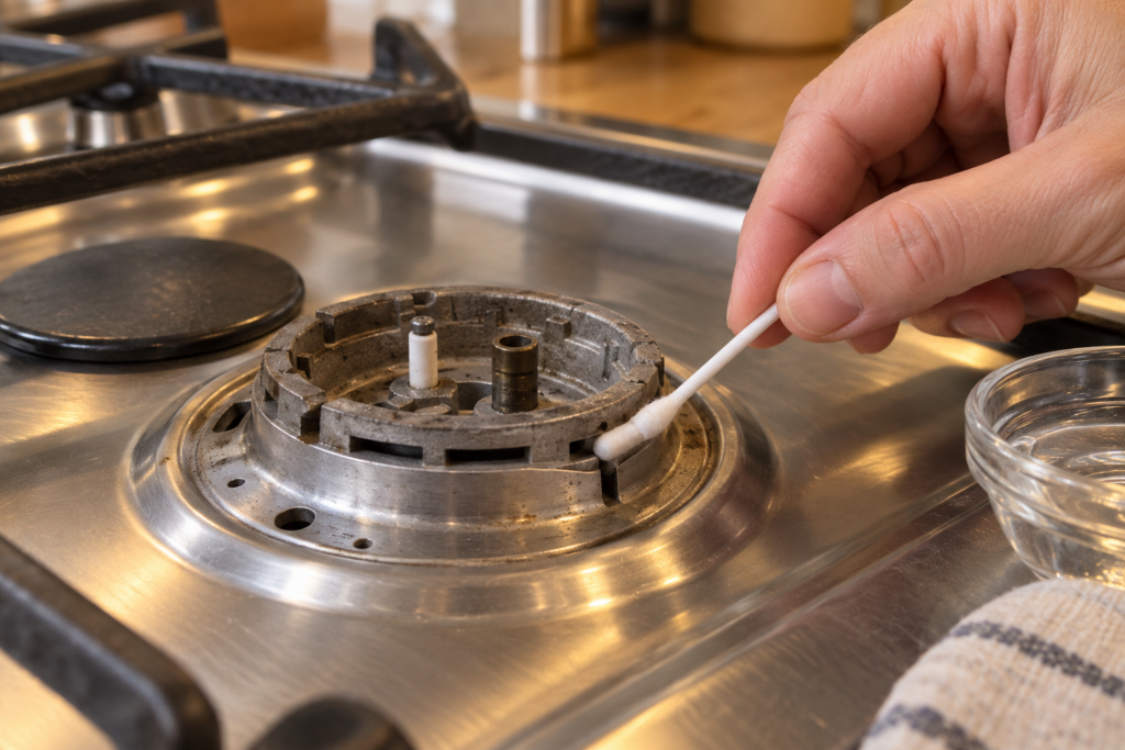 A cotton swab cleaning the narrow air intake slots at the base of a gas burner with the cap removed.