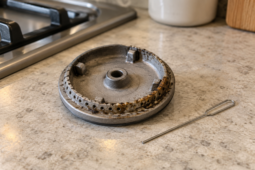 The underside of a gas burner cap with a ring of partly clogged ports and a straightened paper clip beside it.