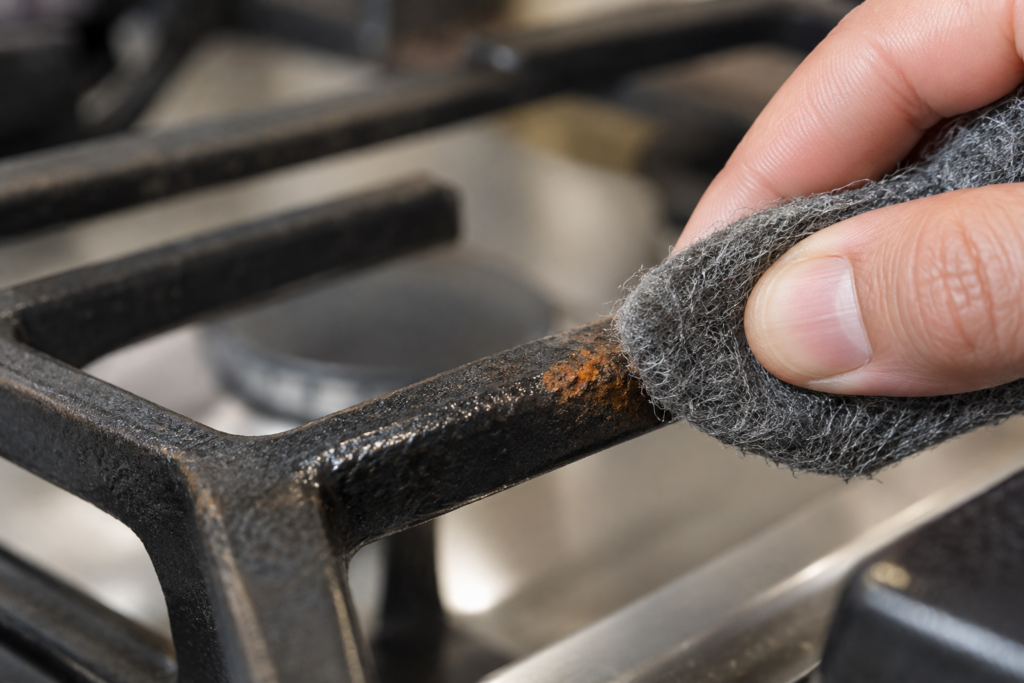 A close view of one finger of a cast-iron cooktop grate with a sheen of oil and a small orange rust spot being worked with a grey scouring pad, shallow depth of field.