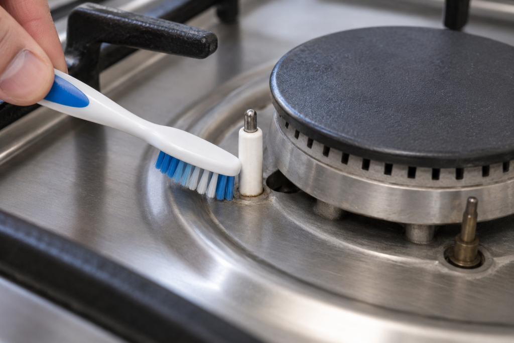 A dry toothbrush cleaning the base of a white ceramic igniter electrode on a gas cooktop burner head, a faint dried residue ring around it, close view.