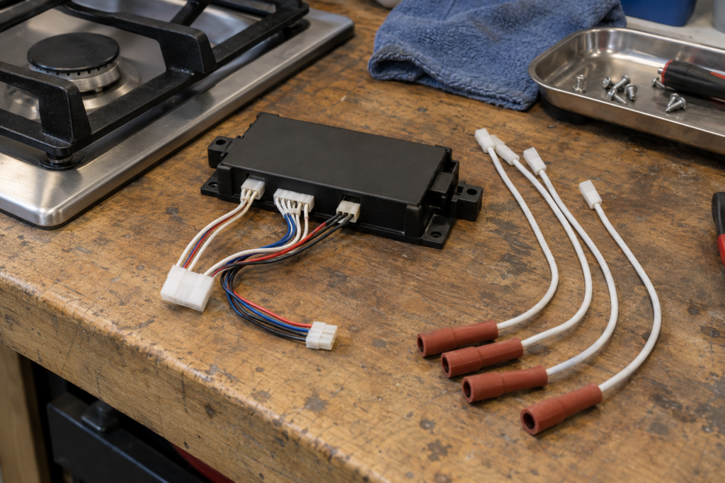 A small ignition module board lies on a workbench with its wire harness and spark leads fanned out beside it.
