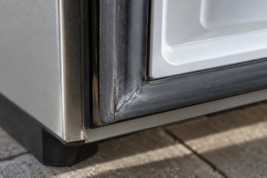A close view of the lower corner of an outdoor refrigerator door gasket, a hairline crack running through the dark rubber and a chalky gray bloom along its edge, hard side light.
