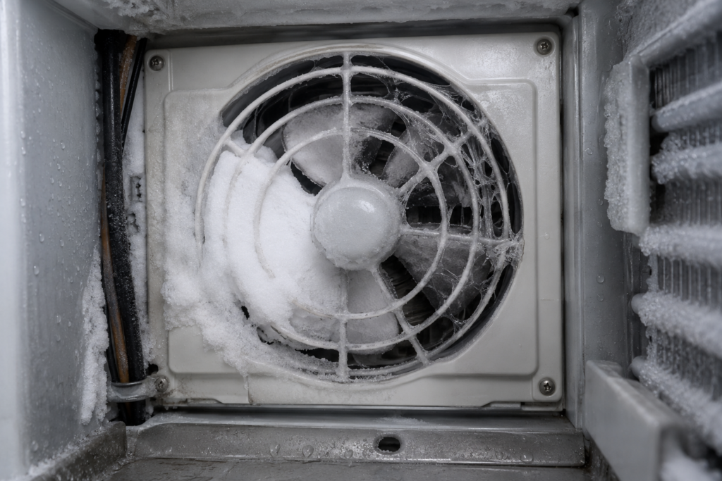 The evaporator fan housing behind the rear panel inside an outdoor refrigerator cabinet, the fan blades half encased in white frost and a thin skin of ice across the grille, cold interior light, no person and no hands in the frame.