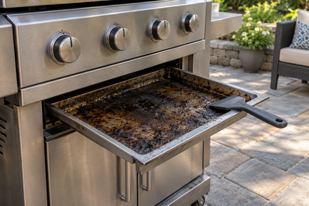 A rectangular grill grease tray pulled halfway out from the lower front of a stainless grill head, a dark crust of grease along its floor and a plastic scraper resting on its rim, daylight on an American patio, no person and no hands in the frame.