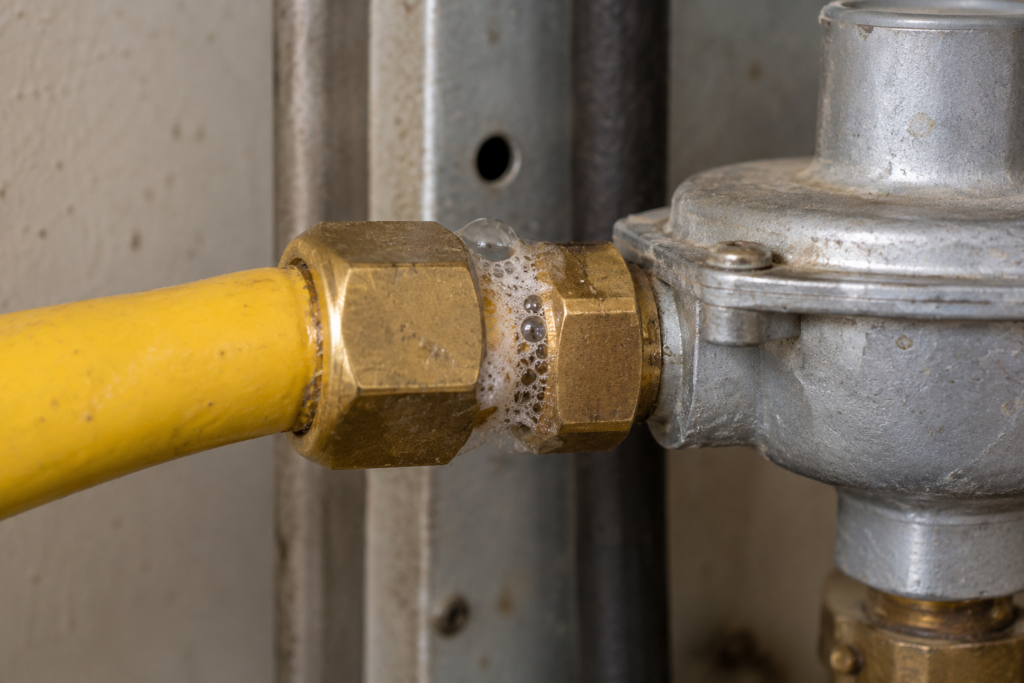 A brass gas hose fitting at a regulator coated in soapy foam with a few tiny bubbles forming at the nut.