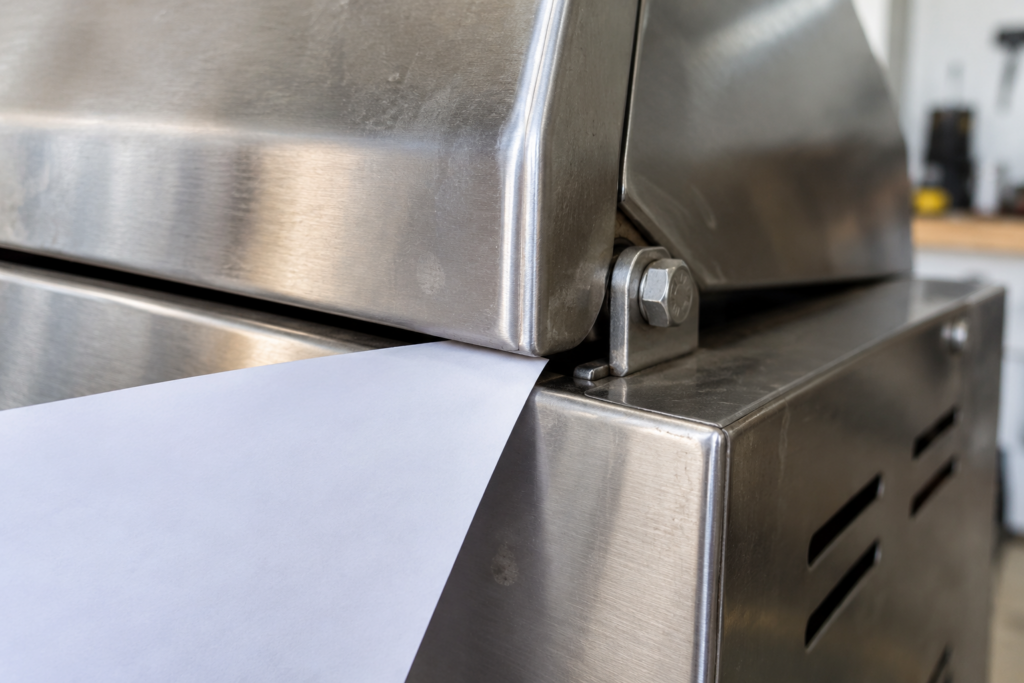A sheet of white paper pinched in the gap at the corner between a stainless grill lid and its firebox, a hinge bolt visible beside it, close view in daylight.