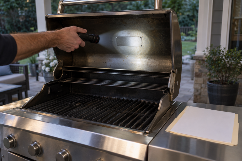A flashlight beam falls on the rating plate inside the lid of a gas grill with a folder of papers on the shelf below.