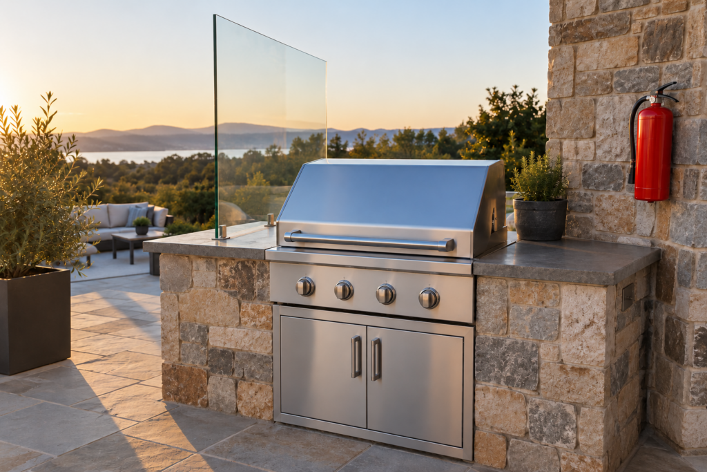 A built-in stainless gas grill on an open stone patio with a tall glass windscreen panel standing at its windward side, nothing overhead, a red fire extinguisher hanging on the wall nearby, no person and no hands in the frame.