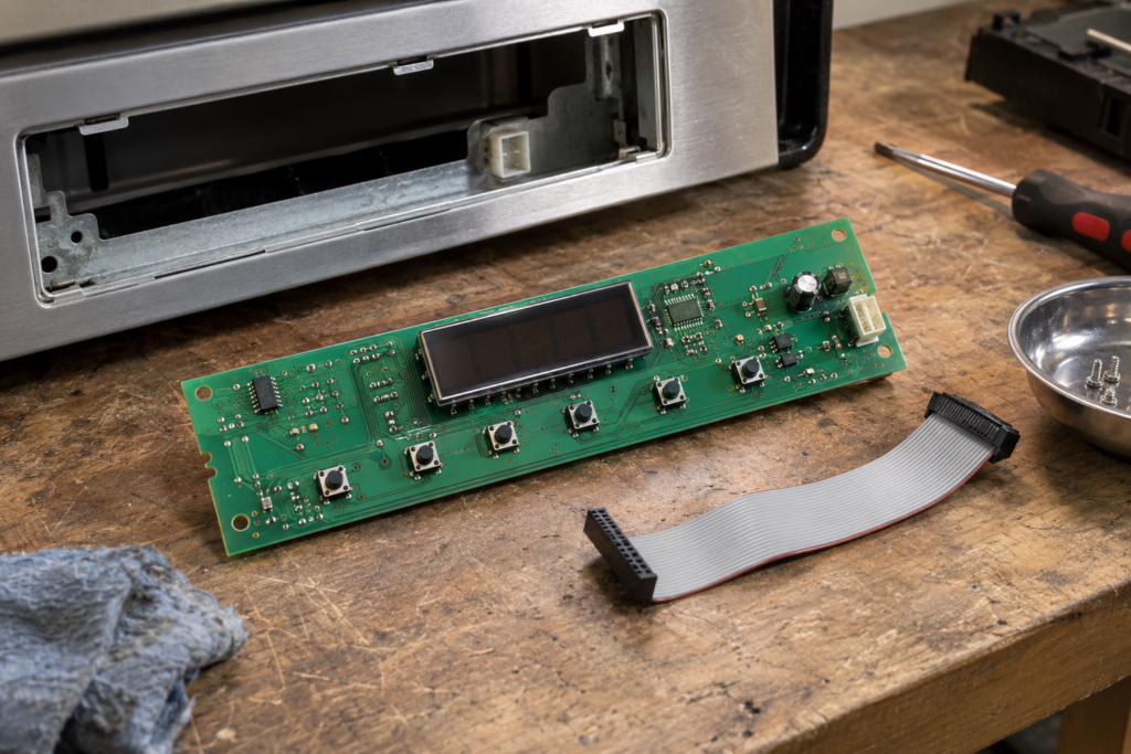 A display circuit board with a row of small tactile buttons and a segment display window lifted out of an oven control panel and lying on a workbench beside its flat ribbon cable, soft work-lamp light, no person and no hands in the frame.