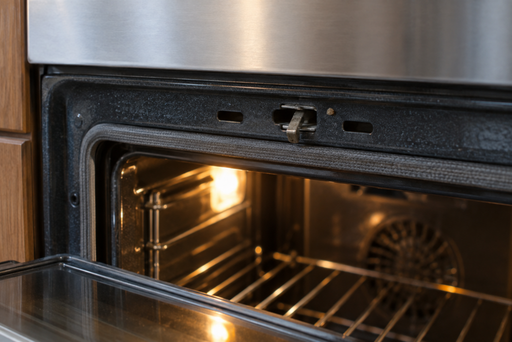 The latch slot at the top edge of an open wall oven with a small latch hook and a speck of baked-on food.