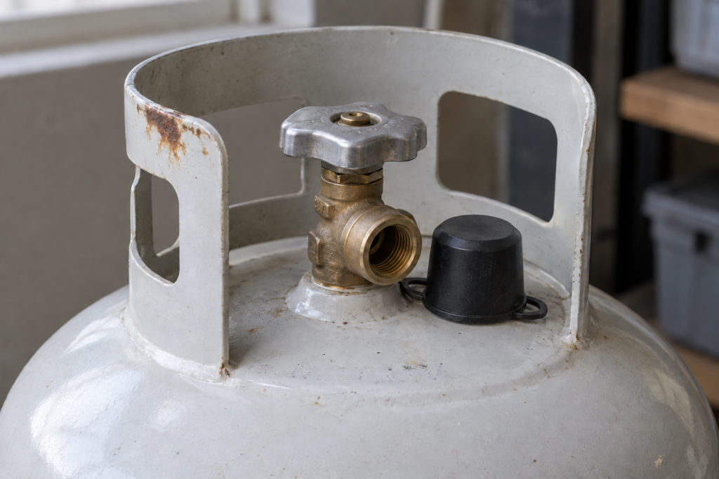 The top of a propane cylinder shows its collar and valve with a small patch of corrosion on the collar.