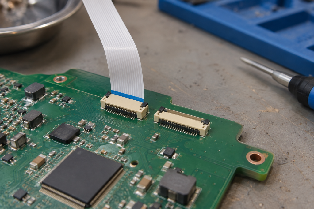 A flat ribbon cable seated in a header on a green circuit board with a second connector unseated beside it.