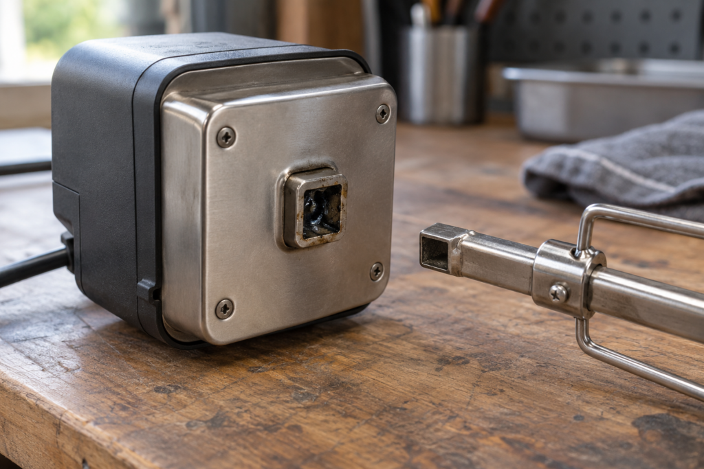 A rotisserie motor with its square coupling socket packed with dark grease beside the empty end of a spit rod, resting on a workbench, close view.
