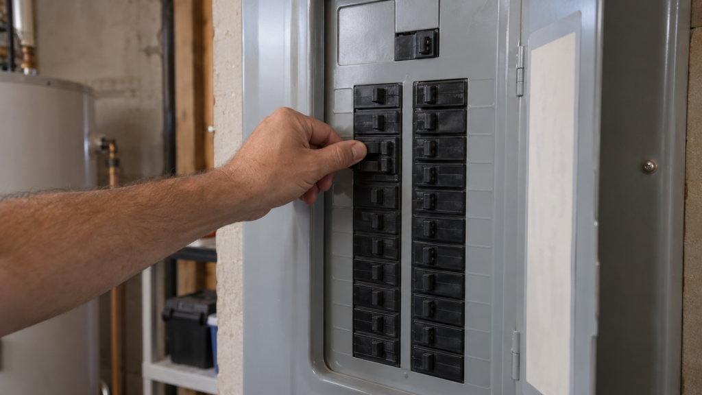 A bare hand flipping a double-pole breaker in an open residential electrical panel.