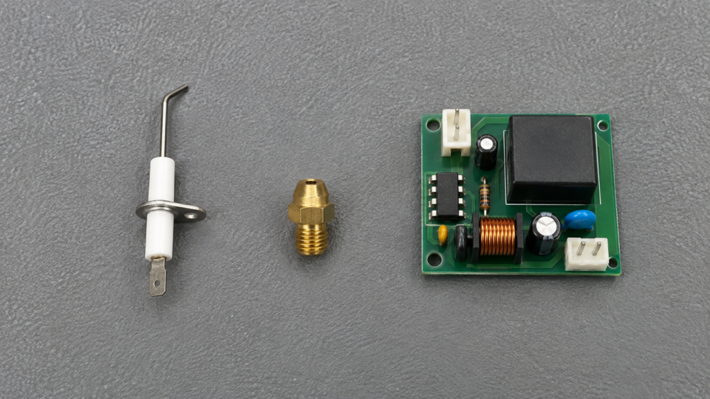 A ceramic igniter electrode, a brass orifice fitting and an ignition module board in a row on a workbench.