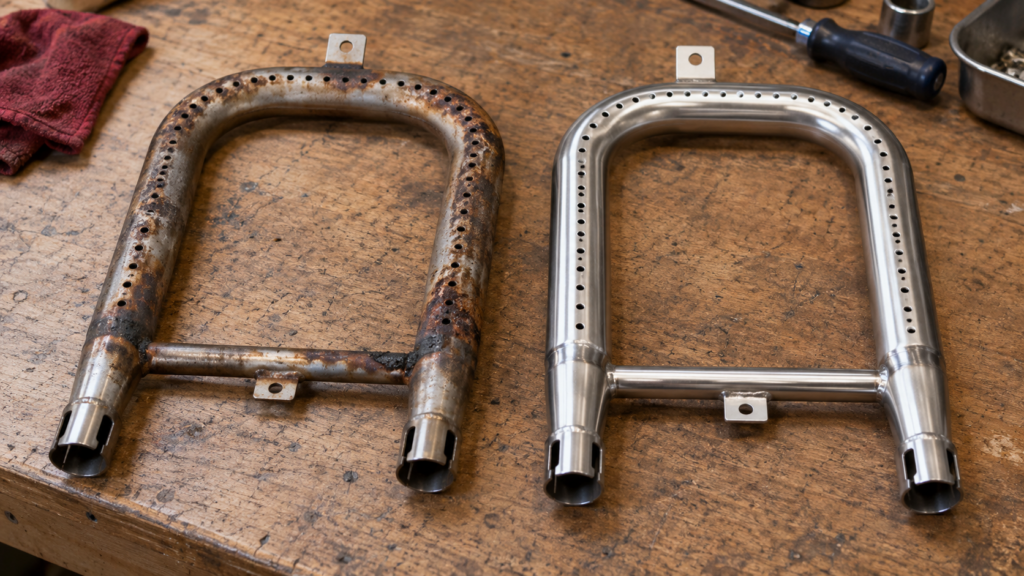 A dull rust-spotted U-shaped burner tube lies beside a new bright one on a workbench.