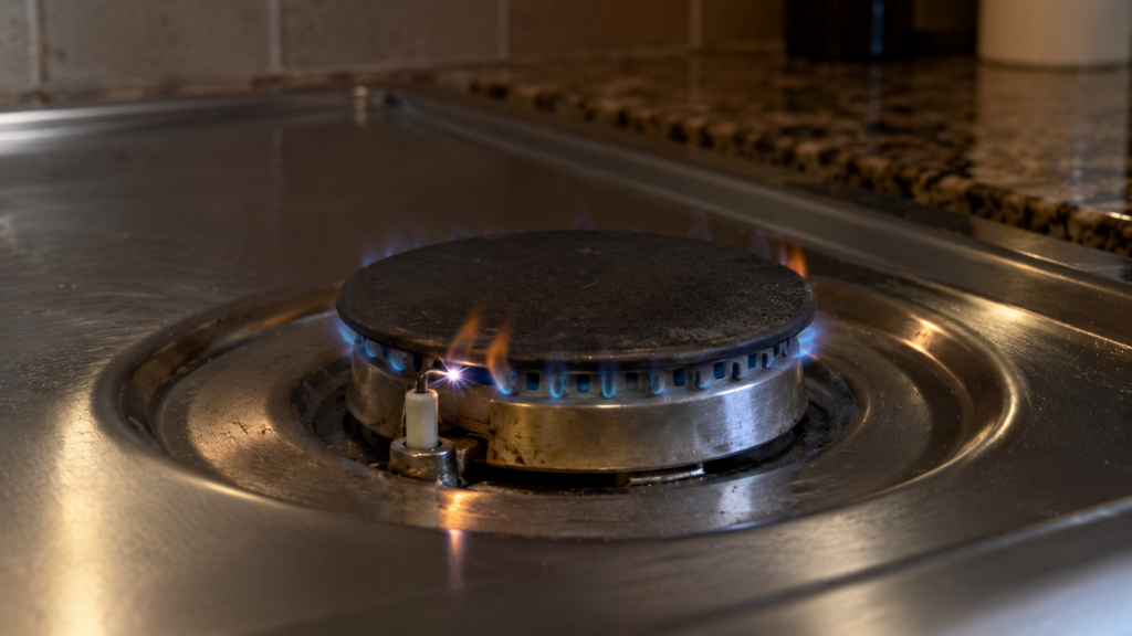 A small spark at a gas range igniter electrode as a thin flame begins to catch.