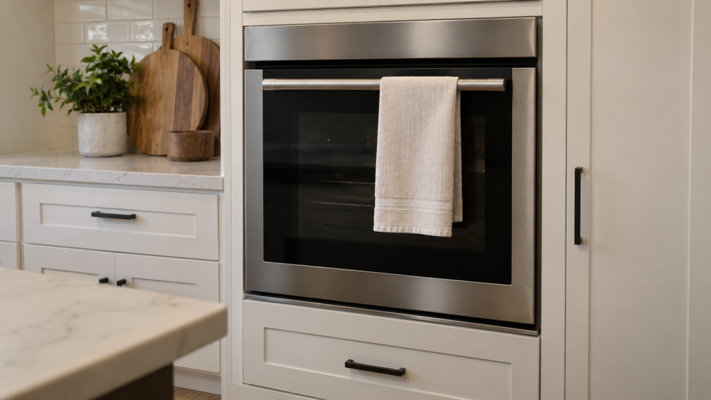 A stainless wall oven in a tall cabinet with its door shut and a folded dish towel over the handle.
