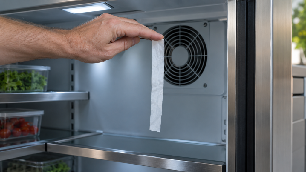 A bare hand held flat in front of the interior fan grille of an open outdoor refrigerator cabinet, a thin strip of tissue paper hanging limp from the fingertips instead of fluttering, cool interior light.