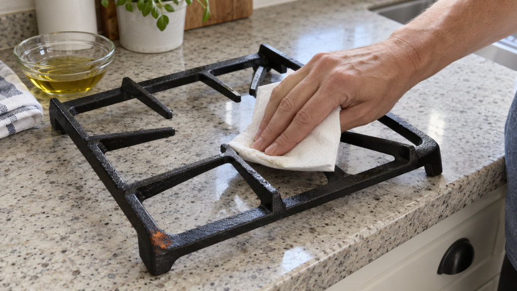 A bare hand rubbing a thin film of cooking oil with a paper towel over a black cast-iron cooktop grate lying across a kitchen counter, a single orange rust spot at one corner, soft window light.