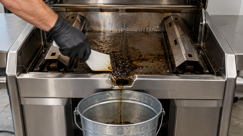 A gloved hand pushing a ridge of dark grease across the floor of a stainless gas grill firebox toward the drain opening with a wide plastic scraper, a metal bucket waiting under the drain, grill cool and gas off.
