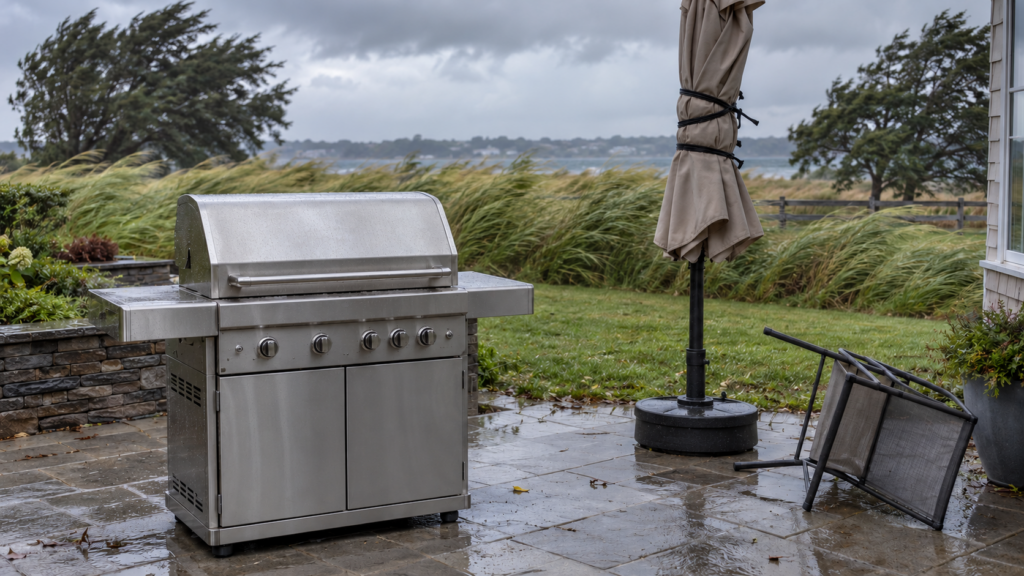 A stainless gas grill with its lid closed on an open patio in an American backyard, a folded patio umbrella lashed down beside it and a lightweight chair tipped over on its side, tall grass bending sideways in the background, no person and no hands in the frame.