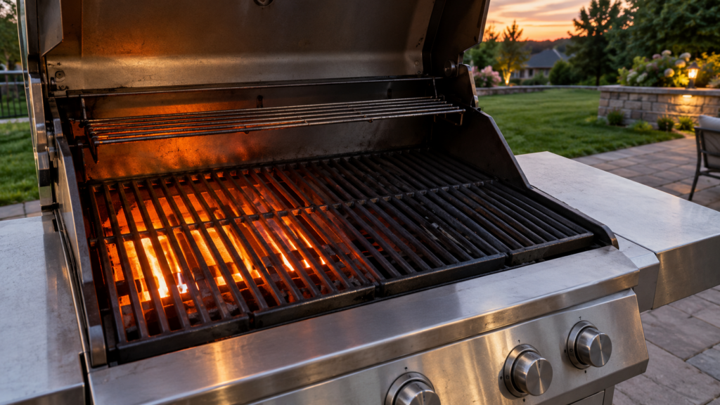 A bare hand held flat about six inches above the cooking grate of an open stainless gas grill at dusk, the left half of the grate glowing orange and the right half noticeably darker, an American backyard patio with a green lawn.