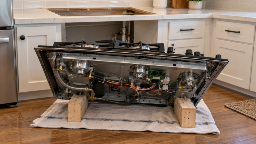 A gas cooktop lifted out of its cutout rests on blocks, showing a small circuit board and a bundle of wires underneath.