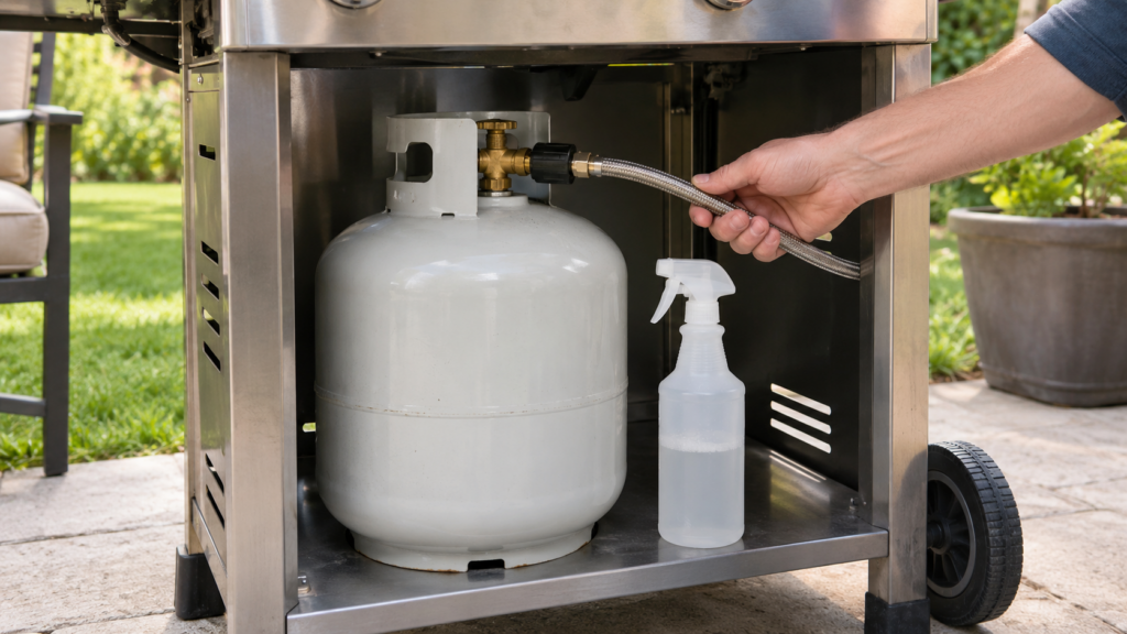 A propane tank seated on the lower shelf of a stainless grill cart on an American patio, a spray bottle of soapy water standing beside the tank valve and a hand lifting the braided hose, green lawn behind, daylight.