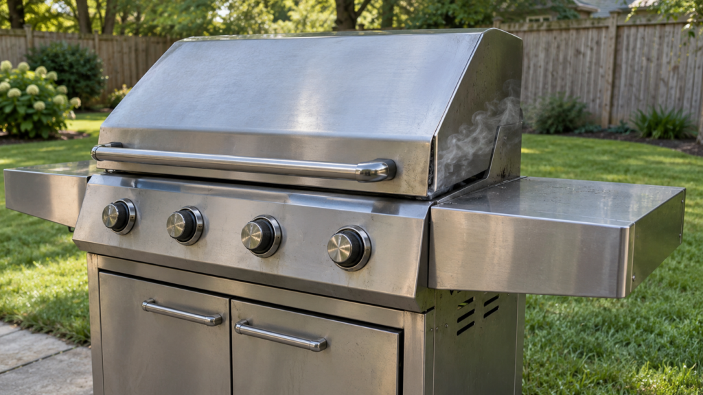 A stainless gas grill with its hood closed on the firebox in an American backyard, a narrow gap along the right front corner and a thin wisp of smoke escaping, green lawn and a wooden fence behind it, summer daylight.